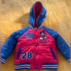Disney Store Mickey Mouse Boys Red & Blue Puffer Jacket With Hoodie